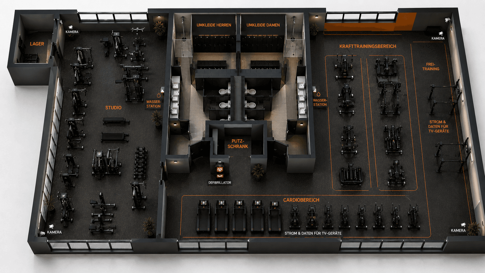 3D-Visualisierung eines Fitnessstudios — beispielhafte Planung
